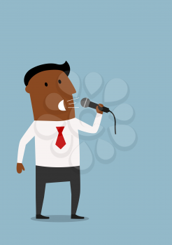 Convincing cartoon african american businessman with microphone on presentation. Business meeting,  presentation or conference themes design
