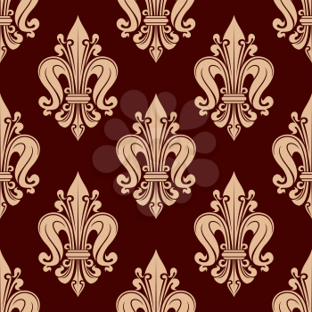 French fleur-de-lis seamless pattern with floral motif of stylized beige flowers with curled petals over red background. Wallpaper and interior usage