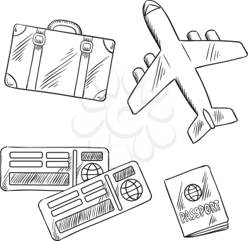 Air travel or vacation journey sketch icons with airplane, luggage suitcase, tickets and passport