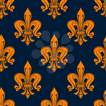 Seamless victorian floral pattern of orange fleur-de-lis lily flowers with curly ornament on blue background. For wallpaper or textile design