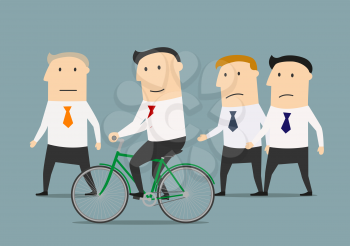 Cartoon businessman on bicycle overtaking his colleagues and mature boss. Skills development and competition advantages concept