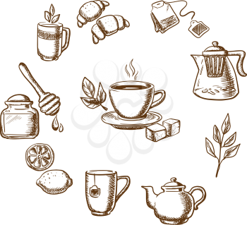 Herbal tea, dessert and bakery sketch icons with cup of hot tea on saucer, mint leaves, sugars, lemon and croissant surrounded teapots and cups, honey jar with dipper, tea bag, tea leaves and ginger. 