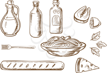 Italian pasta sketch design with italian spaghetti, sauce and basil encircled by bottles of olive oil, tomato and mustard sauces, fork, cheese, ciabatta bread and salmon fish with lemon. Sketch style