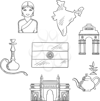 India culture and travel concept with sketched icons of gate way, arch, woman in a sari, national flag, pot of tea and a hookah pipe