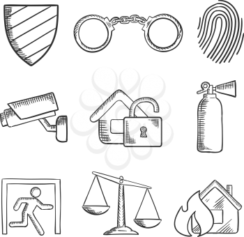 Safety and security sketch style icons with a security shield , handcuffs, thumb print, surveillance camera, padlock, fire extinguisher, emergency exit, scales of justice and fire. Isolated on white