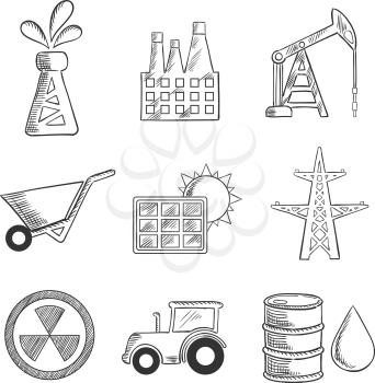 Industrial and mining sketched icons with oil well, factory, oil derrick, mining, solar panel, electricity pylon, nuclear energy, tractor and oil barrel