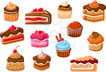 Sweet cupcakes, chocolate tiered cakes, fruity dessert, berry pies, cheesecake and creme caramel pudding, decorated by whipped cream, glaze, fruits and wafer rolls. Pastry, bakery and confectionery