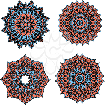 Circular retro floral patterns of pastel red and blue abstract flowers, with dainty cyan petals, tendrils and flourishes. Great use for vintage lace embellishment and tile design
