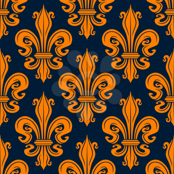 Vintage french seamless floral pattern with decorative orange fleur-de-lis over blue background. Use as interior accessories, textile,  wallpaper or backdrop design