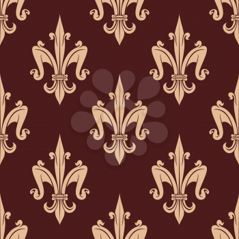 Medieval royal fleur-de-lis seamless pattern with french beige floral ornament over dark brown background. Luxury wallpaper, tile, interior or textile design usage