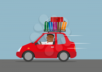 Travel by car, vacation or weekend journey concept. Happy relaxed businessman traveling by red car with luggage. Vector illustration