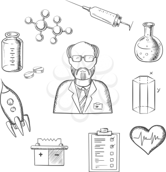 Different sciences sketch icons with scientist silhouette surrounded by medical, biology, space, mechanic, geometry and scientific icons. Vector illustration