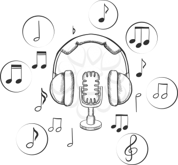 Music, sound and entertainment sketches with microphone and earphones surrounded by circular icons with music notes