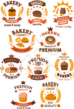 Bakery, desserts and pastry badges or emblems with assorted bakery icons as bread, cake, cupcake, pretzel, donut and dough. Many incorporating ears of wheat, vector on white