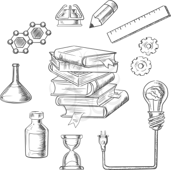 Knowledge and web education sketch design with light bulb plugged into a tall stack of books. Surrounded by flasks, DNA, hourglass, gears, ruler, atom and pencil 