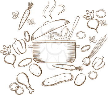 Preparing vegetable soup sketch design with carrot, plate, hot pan, beet, pepper, cucumber, onion, chicken leg, potato, steam and green leaf for vegan food design. Sketch style vector