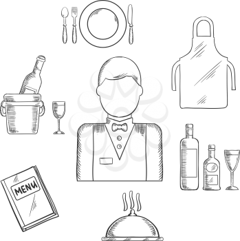 Waiter profession icons with waiter man in uniform, bow tie encircled by menu book, apron, tray with bottles and glass, champagne in ice bucket, plate with fork, knife and spoon, silver cloche. Vector