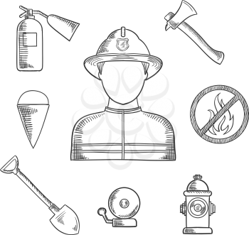 Firefighter profession sketch icons with man in protective helmet and suit, flanked by fire axe, bucket and shovel, extinguisher, fire alarm, hydrant and prohibition sign . Sketch style vector