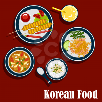 Korean cuisine with rice, seafood soup with shrimp and vegetables, marinated shrimp on spicy carrot salad with lemon and seaweed, bulgogi skewers with chilli pepper, tomatoes, sauce and fresh juice