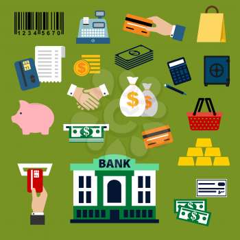 Finance, banking and shopping icons with dollar bills and coins, credit card, money bags and handshake, calculator, shopping basket, bag, piggy bank, safe, bank, gold bars, cash register and atm slot