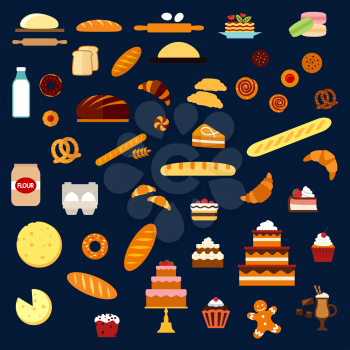 Bakery and pastry flat icons with cakes and cupcakes, cream and fruits, pies, buns, croissants, cookies, macarons, pancakes, donuts pretzels baguettes wheat and rye bread, toasts and dough