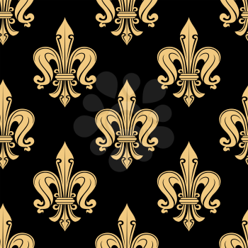 Vintage seamless golden fleur-de-lis pattern with decorative petals and curlicues ornament on black background. Luxury interior accessories or wallpaper design usage 
