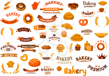 Bakery shop design elements with cupcakes, rye and wheat bread, buns, rolls, donut, croissant, pies, pretzel, cookies and decorative cereal ears, ribbon banners, baker hats, crowns, stars and headers