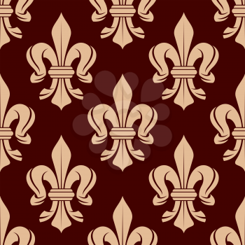 Vintage seamless floral pattern of french royal beige fleur-de-lis symbols over maroon background. Great for heraldic background or interior textile and accessories design