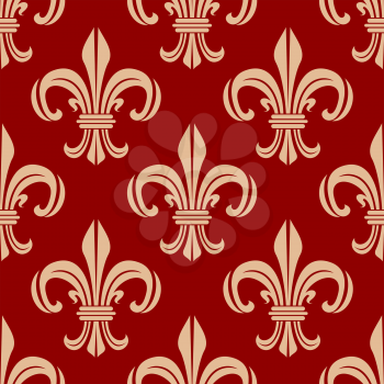 Red french royal seamless vector pattern of vintage fleur-de-lis symbols with elegant beige leaf scrolls. Heraldry background or interior accessories usage