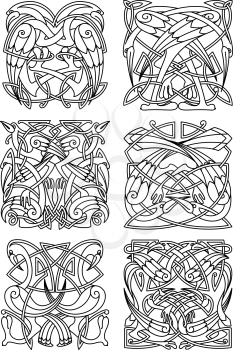 Heron, stork and crane birds ornaments or patterns for celtic or irish style design and embellishment. Vintage stylized ornament, may be used as a totem or tattoo