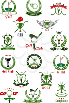 Golf sport game icons and symbols with ribbons, banners, golf club and ball, sport trophy, laurel wreath and shields. For golf sport tournament design