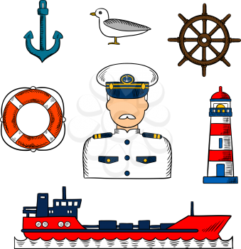 Sailor or captain profession infographic elements with moustached captain in white uniform, helm, tanker ship, anchor and lifebuoy, lighthouse and seagull icons. Colorful vector sketch