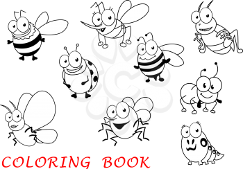 Cartoon insects isolated on white background with ladybug, mosquito and grasshopper, butterfly and ant, fly and bee, spider and caterpillar