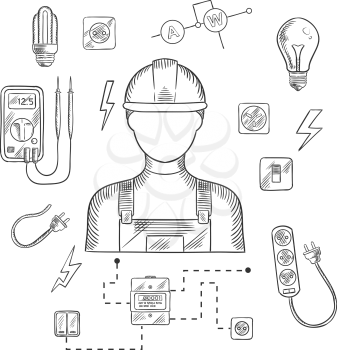 Electrician man in hard hat with electrical household supplies, electric tools and equipments symbols on dark blue background for profession or industry design. Vector sketch illustration