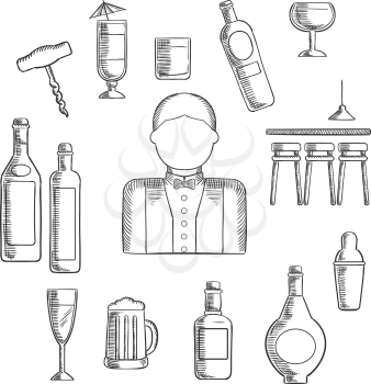 Bartender profession with bar counter, alcohol bottles, shaker, corkscrew, cocktails, beer tankard, wine glass and male in uniform with bow tie