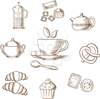 Cup of tea on saucer with pieces of sugar surrounded by chocolate and bakery, pastry and teapots sketches. Vector illustration