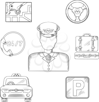 Taxi driver in uniform surrounded by taxi service sketched icons  as a car, parking sign, luggage, steering wheel, navigation map and call center. Vector sketch illustration
