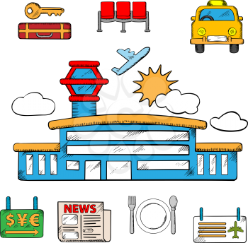 Airport and flight service icons for infographic design with airport building and taxi, ticket and waiting zone, baggage, currency exchange and service objects