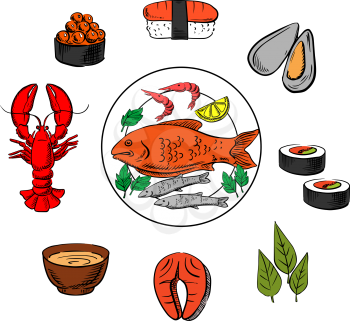 Seafood, fish and condiment elements with caviar and sushi, mussels and seaweed, red fish, salmon, sauce and lobster