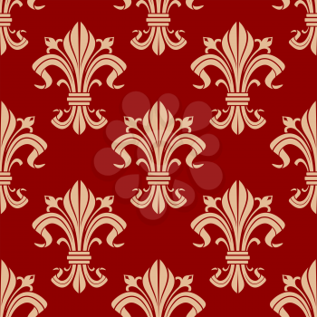 Seamless medieval fleur-de-lis pattern for classic interior design or heraldic backdrop with beige floral compositions on red background 