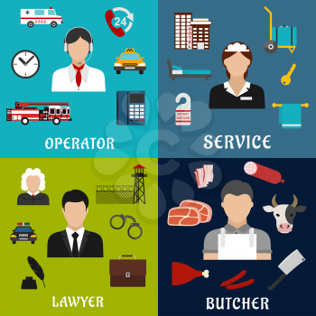 Call-center operator, lawyer, maid and butcher professions icons with flat symbols of hotel services, meat products, justice and law, customer and emergency services