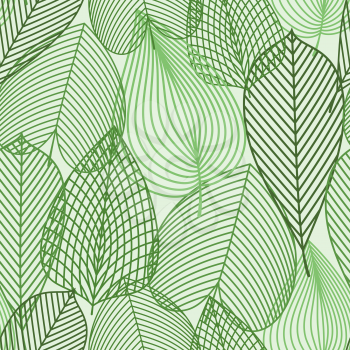 Outline silhouettes of spring green leaves seamless pattern. For nature, background or wallpaper design with birch, chestnut and elm leaves