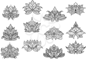 Elegant paisley flowers for oriental carpet or tile design with outline indian floral elements, decorated by intricate lace ornament