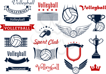 Volleyball sports game design elements with winged balls, volleyball net, referee whistle and trophies, retro ribbon banners, stars, medieval shield and crown. For sport symbols or icons design
