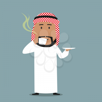 Relaxed smiling cartoon arabian businessman enjoying a cup of fresh brewed coffee. Coffee break, business lunch or relaxation concept