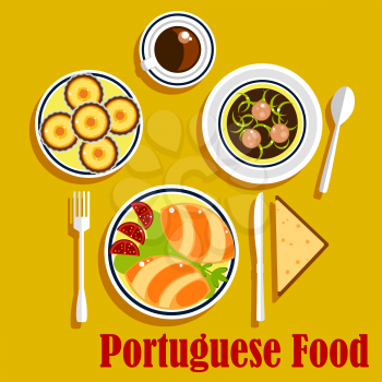 Typical portuguese national cuisine with stuffed bread empanadas, served with tomatoes and lettuce, green broth soup with sliced sausages, egg tarts with cup of coffee and wheat bread. Vector