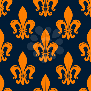 Classic french floral pattern with seamless orange fleur-de-lis ornament over blue background. Great for medieval interior, textile embellishment and background design