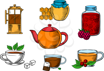 Tea icons with jars, honey and raspberry jam desserts, french press, various teacups with tea bag, sugar cubes, fresh leaves of mint and cowberry with porcelain teapot