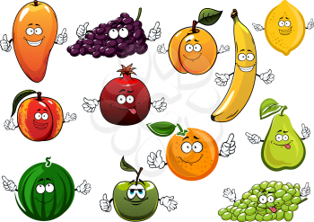 Cartoon happy fruits with banana and orange, apple and mango, pear and lemon, peach, green and violet grape, watermelon and apricot, pomegranate. Agriculture, dessert or healthy nutrition themes