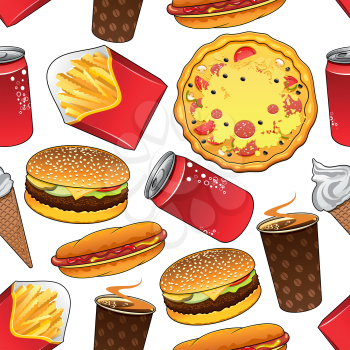 Fast food colorful cartoon background design with seamless pattern of italian american pepperoni pizza, cheeseburger, hot dog, french fries, red cans of sweet soda, cups of coffee and ice cream cones